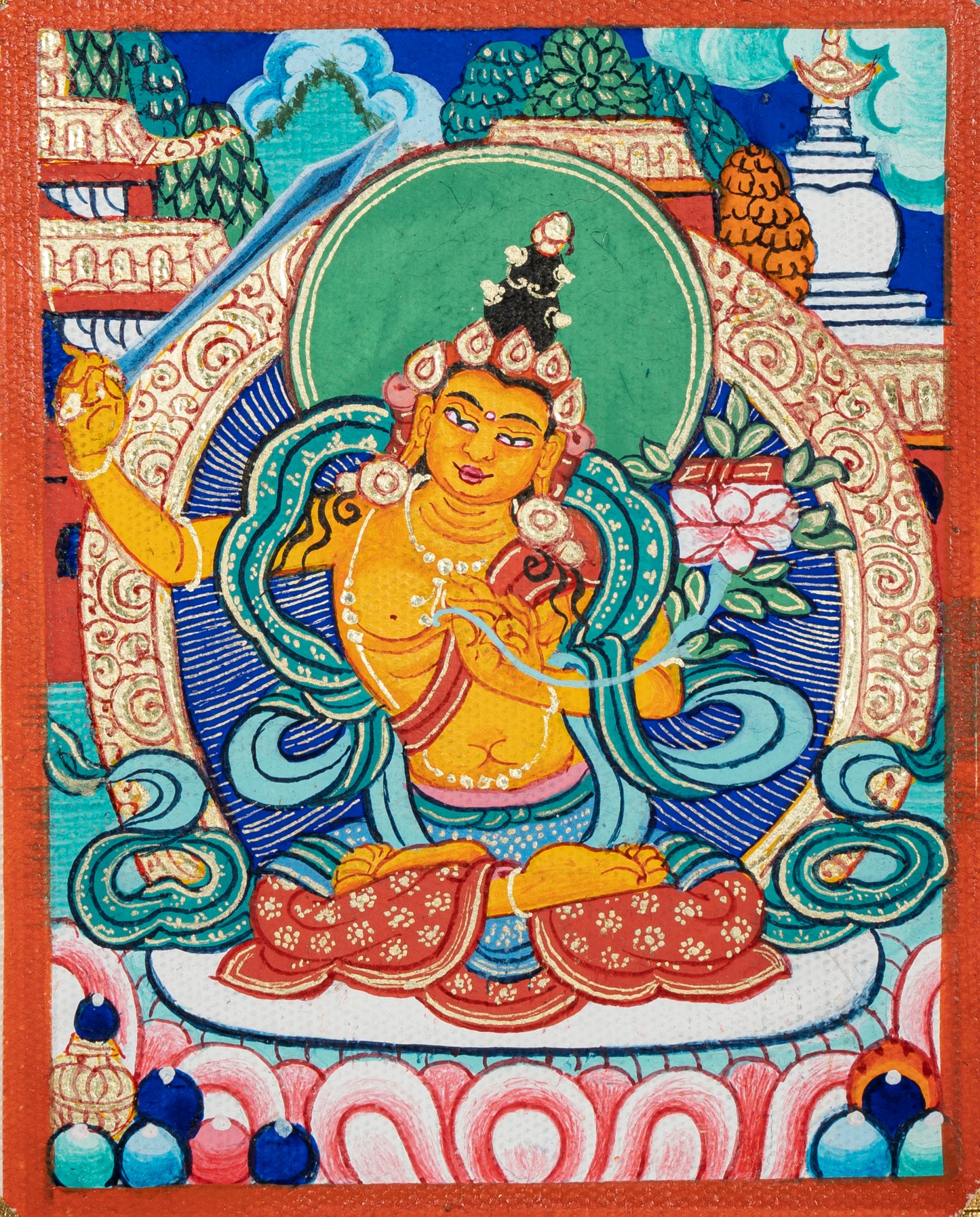 Manjushri Necklace Thangka | Hand-painted Tibetan Thangka with Natural Mineral Pigments & Genuine 24K Gold | 18K Gold-plated Silver Locket