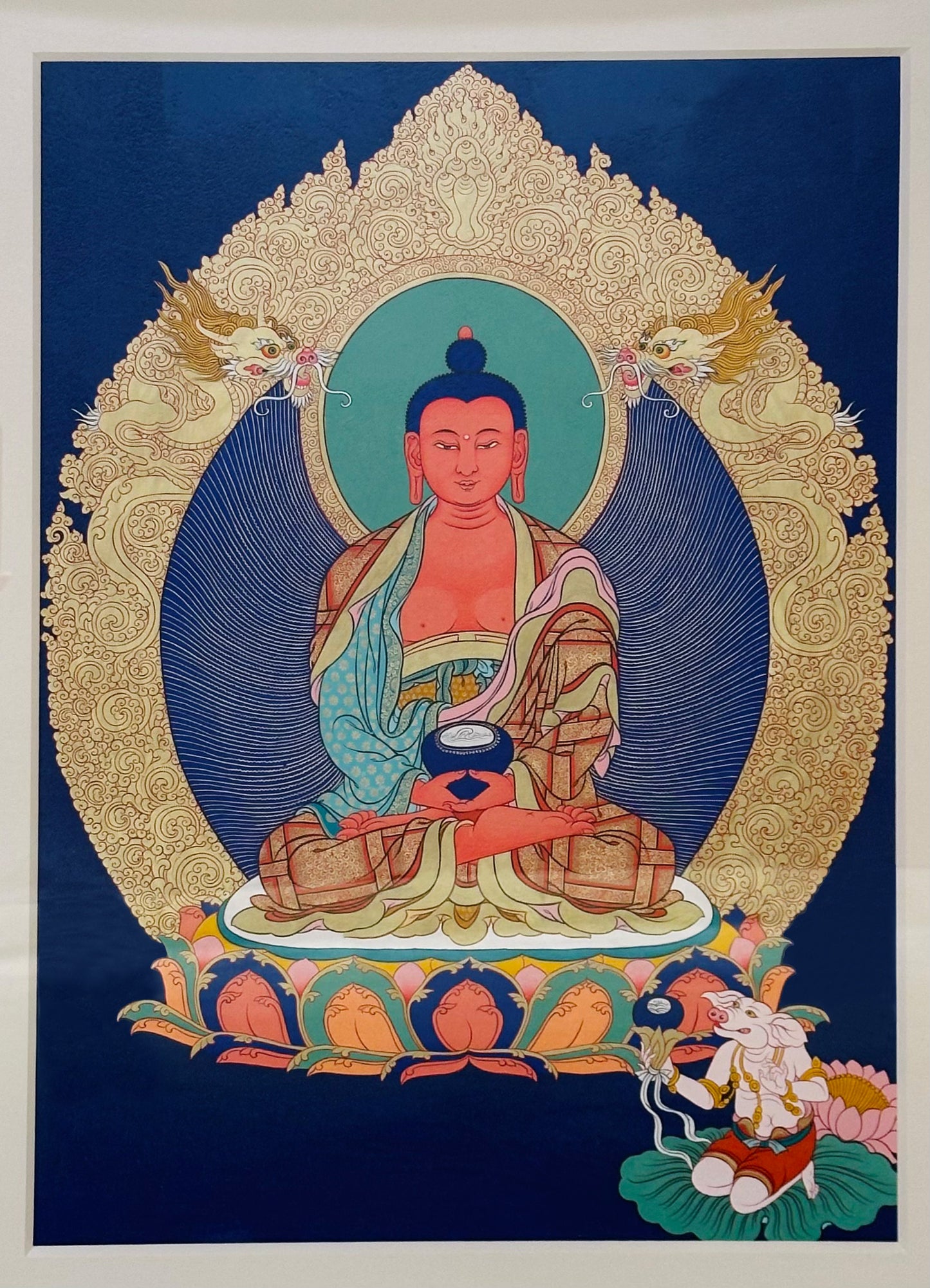 Amitabha Buddha Thangka | Hand-painted Tibetan Thangka with Mineral Pigments & Genuine 24K Gold | 18K Gold-plated Silver Locket