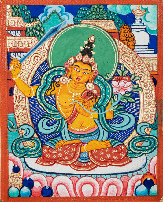 Manjushri Necklace Thangka | Hand-painted Tibetan Thangka with Natural Mineral Pigments & Genuine 24K Gold | 18K Gold-plated Silver Locket